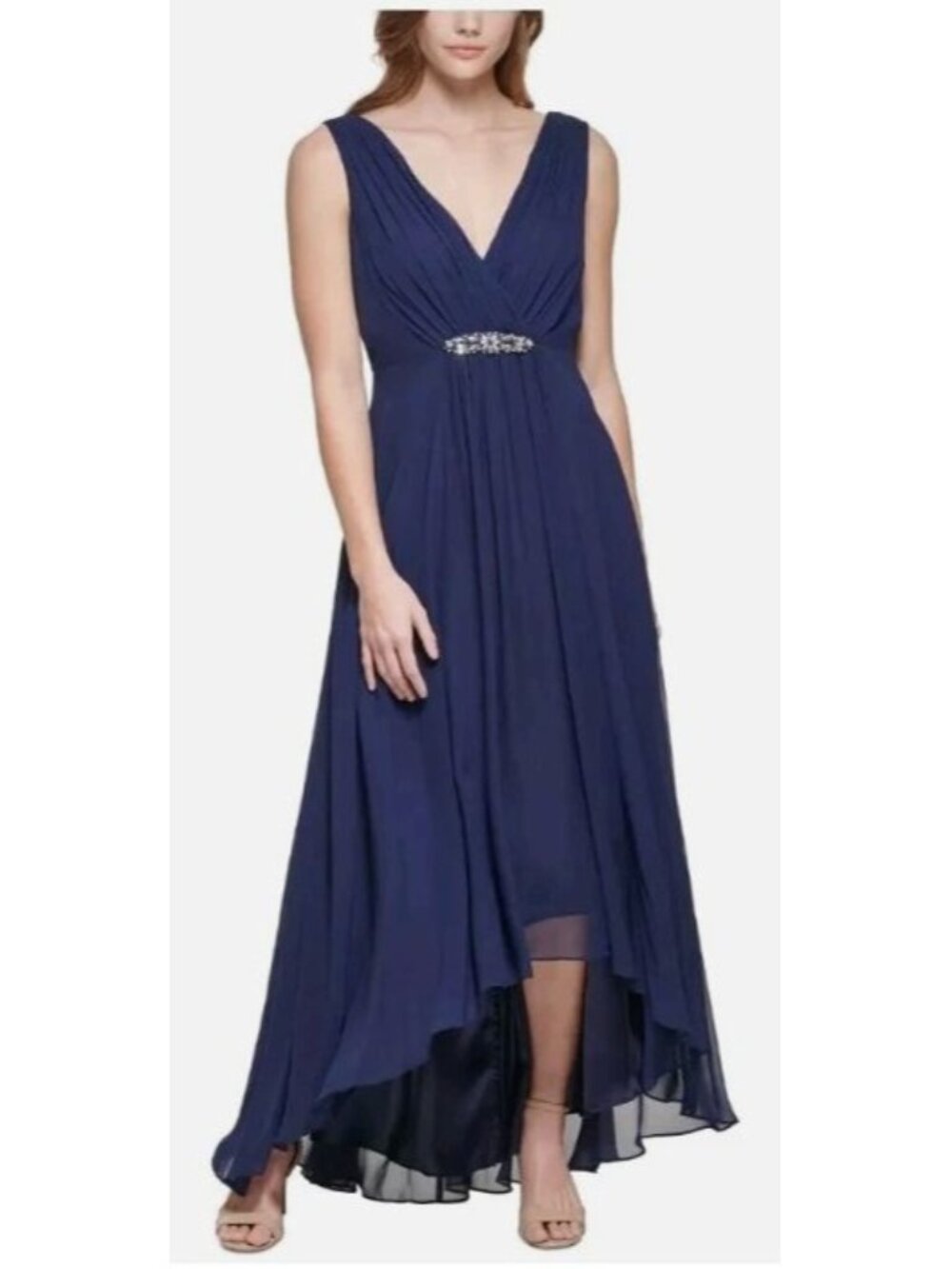 Eliza J Navy Blue Sleeveless Chiffon Evening Gown Beaded Waist Size 4
